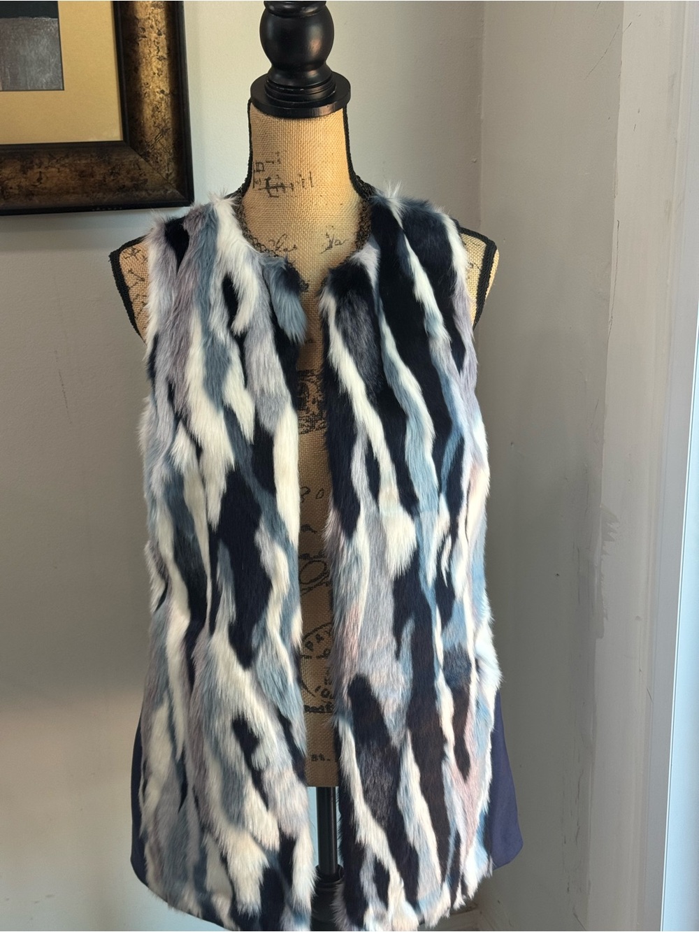 T Tahari Multi-Color Faux Fur Vest in Blue, White, Black